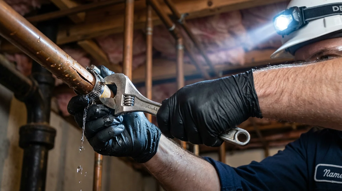 Emergency pipe clamp repair being performed by a Johns Plumbing LLC plumber in Tahoka