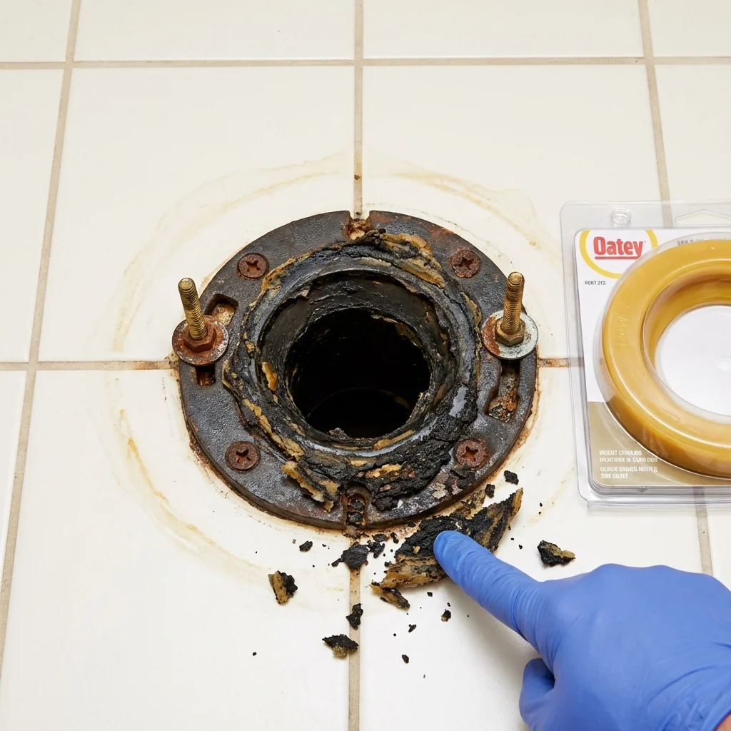 Failed wax ring showing water seepage at the base of a toilet in a Tahoka, TX home