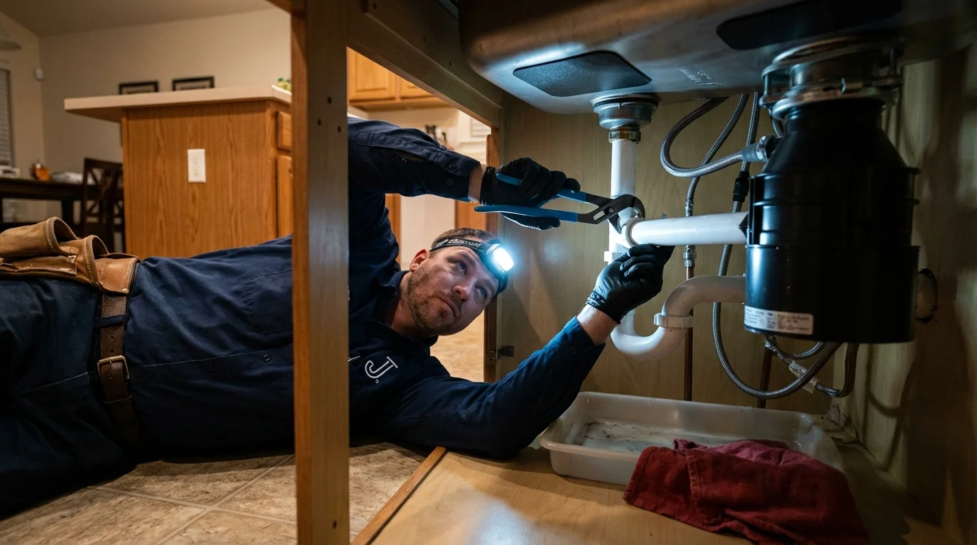 P-trap and supply line connections under a kitchen sink showing a common leak point in Tahoka, TX